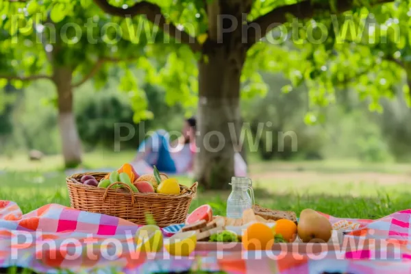 חברים מתחברים על פיקניק בריא מתחת לעץ מוצל. צמח, עֵץ, סל פיקניק