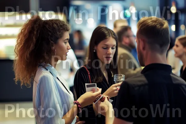 אירוע נטוורקינג עם אנשי מקצוע שמתערבבים ומחליפים כרטיסים. אופנה, עיצוב אופנה, שיער בשכבות