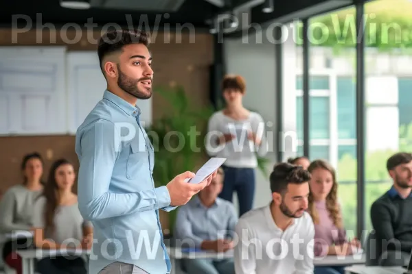 יזם צעיר שמציג רעיון עסקי למשקיעים פוטנציאליים. חולצה קצרה, פְּנַאִי, אירוע