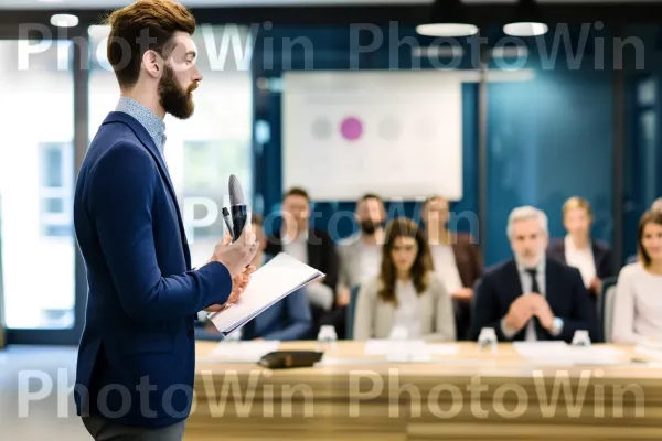 יזם צעיר שמציג רעיון עסקי למשקיעים פוטנציאליים. מחווה, שמיעה, אירוע