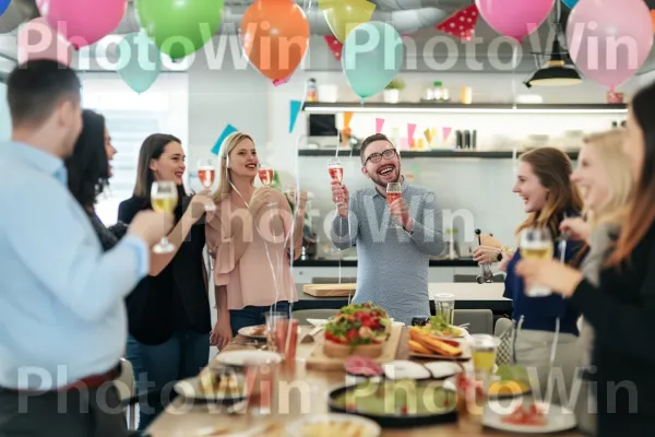 עמיתים חוגגים פרויקט מוצלח בארוחת צהריים בצוות. כלי שולחן, בַּלוֹן, כתום