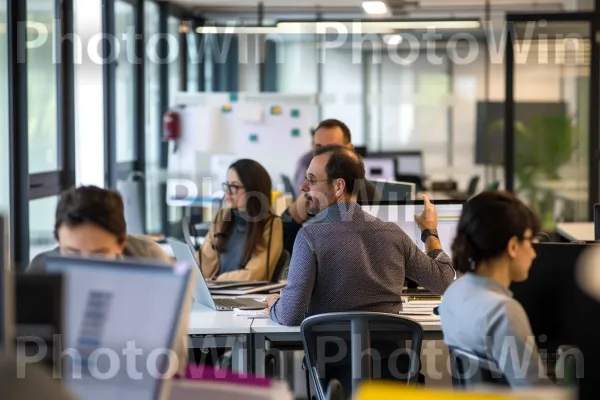 עובדים עסוקים בריבוי משימות בסביבת משרד עם קונספט פתוח. שולחן, שׁוּלְחָן כְּתִיבָה, חולצה קצרה