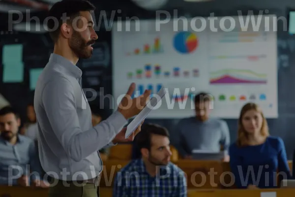 יזם נלהב מהסטארט-אפ שלו, מגיש הצעות למשקיעים פוטנציאליים. חוּלצָה, חולצה קצרה, שׁוּלְחָן כְּתִיבָה