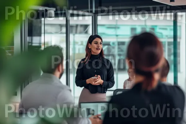 יזמית מציגה בפני משקיעים את הרעיון העסקי החדשני שלה. שִׂיחָה, עבודה, כֵּיף