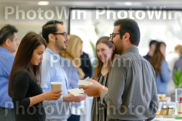 קבוצת אנשי מקצוע נטוורקינג והחלפת כרטיסי ביקור באירוע. חוּלצָה, כלי שולחן, חולצה קצרה