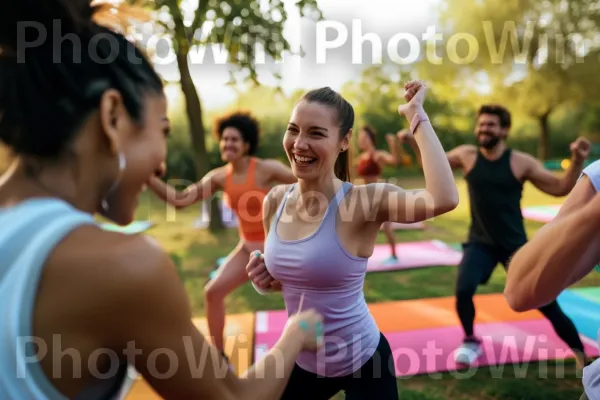 קבוצת חברים משתתפת בשיעור זומבה מהנה בחוץ. מכנסי יוגה, מִכְנָסַיִים קְצָרִים, מכנסיים אימונים