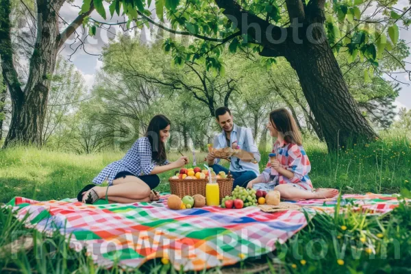 חברים מתחברים על פיקניק בריא מתחת לעץ מוצל. עלה, עֵץ, שולחן