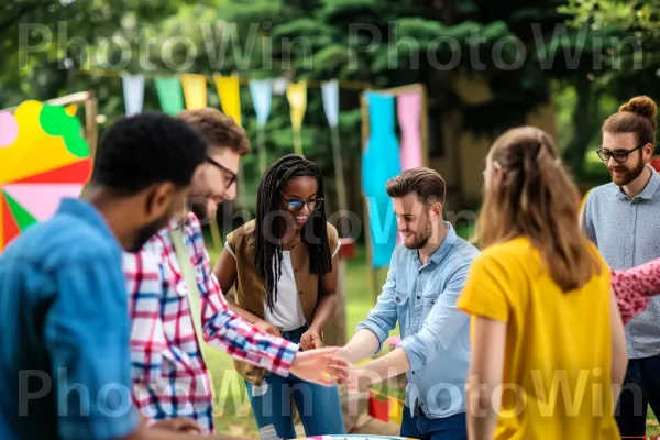 קבוצה של עמיתים לעבודה משתפת פעולה במהלך פעילות גיבוש צוות. מישקפי שמש, צהוב, משקפיים