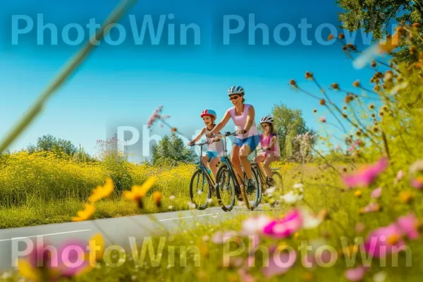 משפחה עליזה רוכבת יחדיו ביום שמשי. פֶּרַח, צמח, שָׁמַיִם