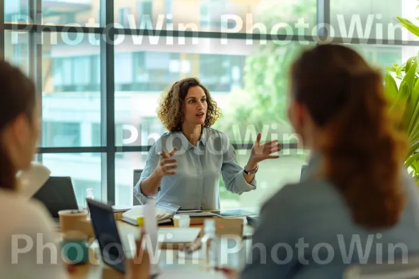 יזמית מציגה בפני משקיעים את הרעיון העסקי החדשני שלה. כלי שולחן, שולחן, אירוע