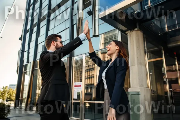 עמיתים חוגגים עסקה מוצלחת עם היי פייב. בִּניָן, מחווה, עֵץ