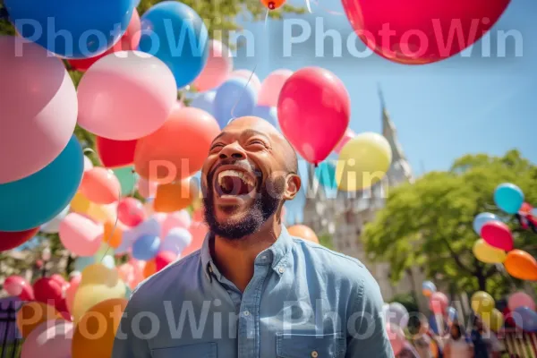 גבר בן 35 צוחק מכל הלב במהלך אחר צהריים מלא כיף עם חברים. שְׁעוֹת הַיוֹם, חוּלצָה, בַּלוֹן