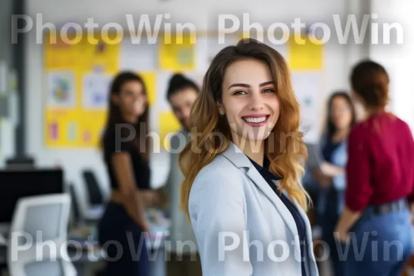 אשת עסקים עם חיוך בטוח מובילה את הצוות שלה להצלחה. שרוול, עיצוב אופנה, שַׂמֵחַ