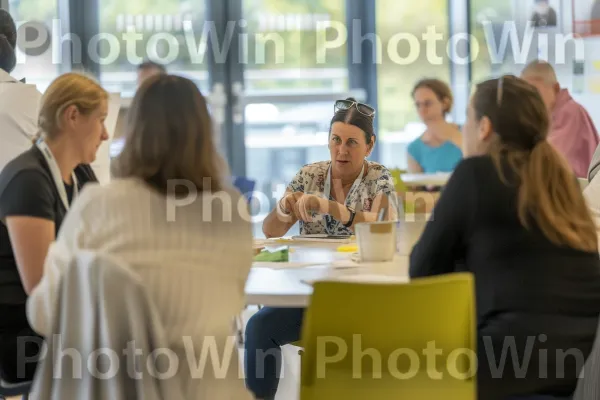 סדנת התפתחות אישית עם אנשי מקצוע המרחיבים את מערך הכישורים שלהם. שולחן, קבוצה חברתית, אירוע