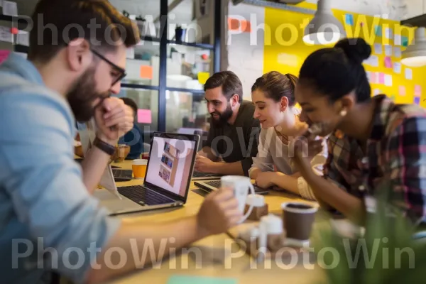 שיתוף פעולה צוותי עם מחשבים ניידים וכוסות קפה. מחשב אישי, שולחן, צרכן