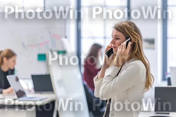 אשת עסקים מרובה משימות ועונה לשיחות טלפון. אינטראקציה, ציוד שמע, עיצוב אופנה