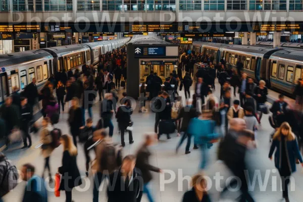 נוסעים ממהרים דרך תחנת רכבת עמוסה בשעות העומס. רכבת, מלאי מתגלגל, טיול