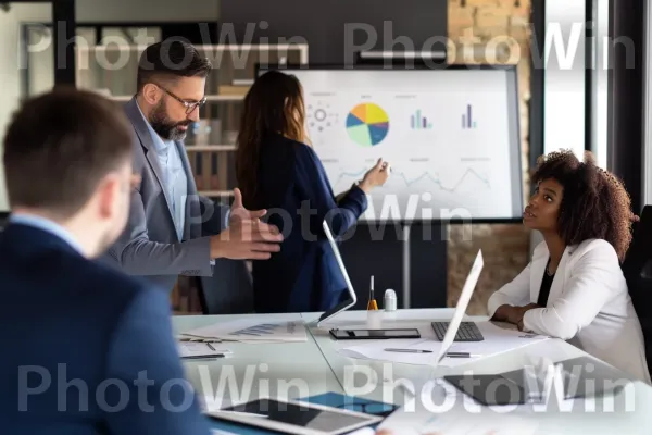 קבוצה של אנשי מקצוע דנים באסטרטגיות במשרד מודרני. שולחן, מעיל, אינטראקציה