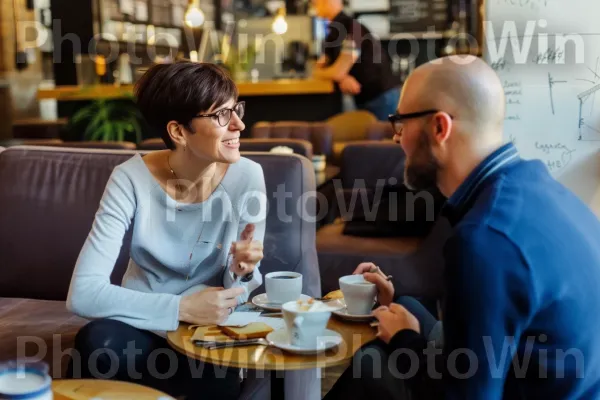 שותפים עסקיים נפגשים בבית קפה נעים כדי לדון בהזדמנויות. משקפיים, רְהִיטִים, סַפָּה