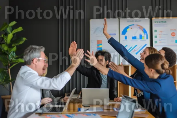 צוות שחוגג עסקה עסקית מוצלחת עם היי פייב. יד, שולחן, מחשב נייד