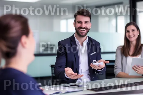 איש עסקים מציג את המוצר שלו ללקוח במהלך פגישת מכירות. מחווה, עובד צווארון לבן, אירוע