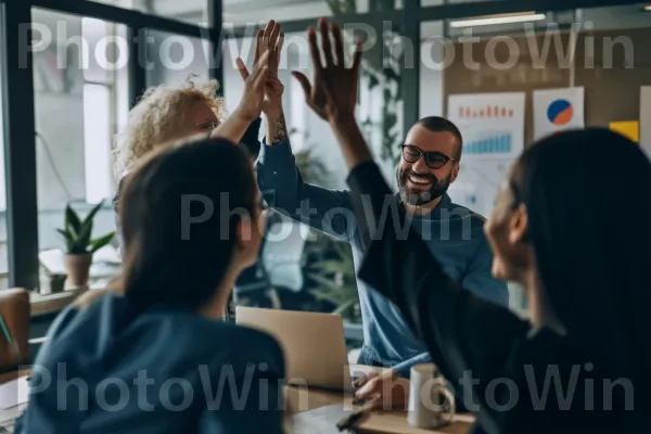 צוות שחוגג עסקה עסקית מוצלחת עם היי פייב. חיוך, מחווה, חולצה קצרה