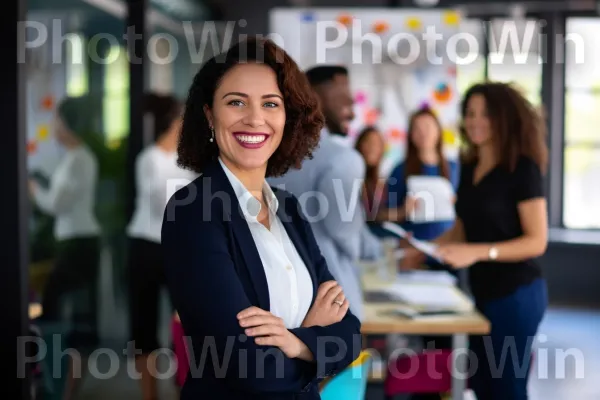 אשת עסקים עם חיוך בטוח מובילה את הצוות שלה להצלחה. חיוך, אופנה, בְּלֵיזֶר