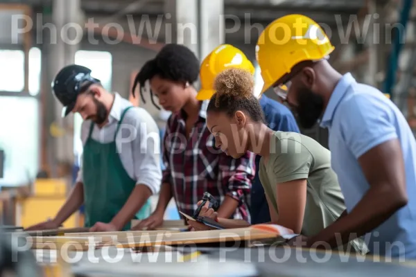 צוות של אנשי מקצוע שעובד יחד על פרויקט. כובע קשה, שולחן, כובע בייסבול