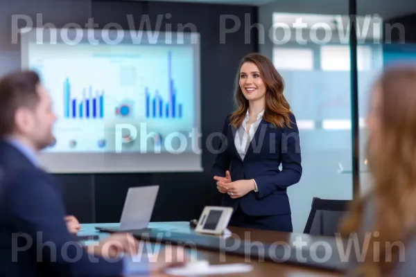 אישה בחליפת כוח מגישה בביטחון מצגת לחדר ישיבות. עובד צווארון לבן, כִּסֵא, אירוע