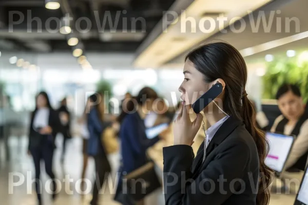 אישה בלבוש עסקי עושה שיחות טלפון חשובות במשרד שוקק חיים. שיער ארוך, חליפה, עובד צווארון לבן