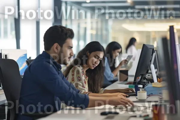 עובדים בחלל משרדי מלוטש, ריבוי משימות ועבודה יעילה. רְהִיטִים, מחשב אישי, עיצוב רכב