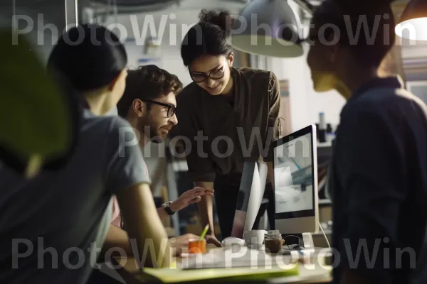 צוות של אנשי מקצוע משתפים פעולה בפרויקט עם תשוקה ויצירתיות. חוּלצָה, הַנדָסָה, משקפיים