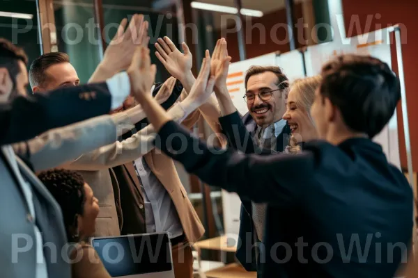 צוות שחוגג עסקה עסקית מוצלחת עם היי פייב. חיוך, מחווה, עניבה