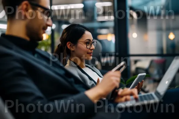 אנשי מקצוע עסקיים המשתמשים בטכנולוגיה כדי לשפר את הפרודוקטיביות. מַחשֵׁב, נטבוק, מעיל