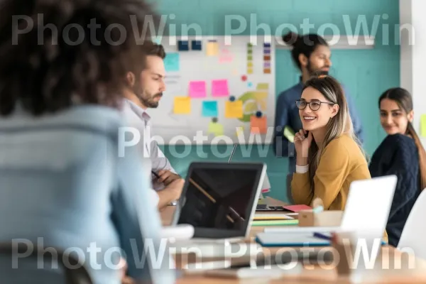 קבוצה מגוונת של עמיתים לעבודה מעורבת בפגישה פורה. מחשב נייד, עיצוב פנים, חיוך