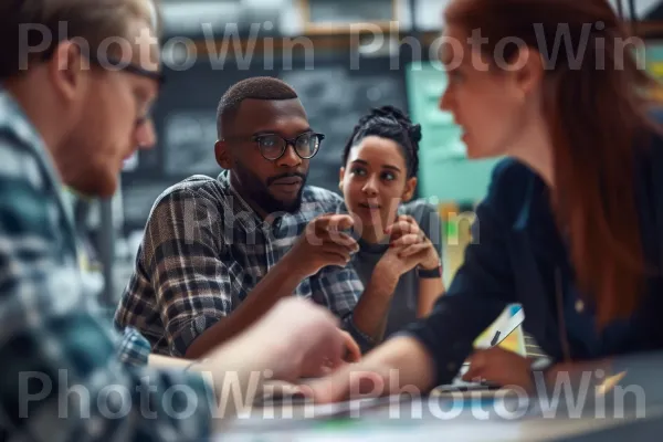 צוות של אנשי מקצוע משתפים פעולה בפרויקט עם תשוקה ויצירתיות. טיפול חזון, אינטראקציה, משקפיים