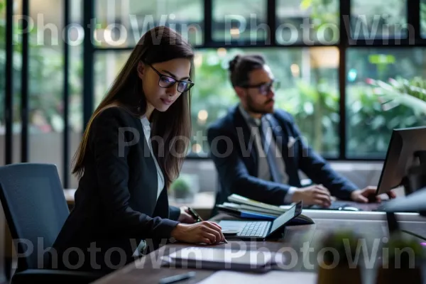 אנשי מקצוע עסקיים המשתמשים בטכנולוגיה כדי לשפר את הפרודוקטיביות. רְהִיטִים, כִּסֵא, מַחשֵׁב