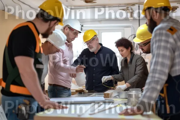 צוות של אנשי מקצוע שעובד יחד על פרויקט. בגדי עבודה, כלי שולחן, מהנדס