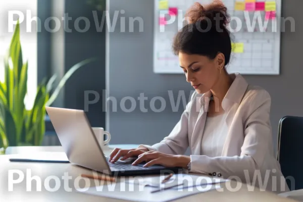 אשת עסקים משתמשת במחשב נייד ועובדת מרחוק. שולחן, רְהִיטִים, מחשב נייד