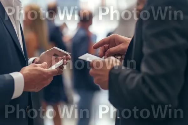 תקריב של כרטיסי ביקור מחליפים ידיים באירוע נטוורקינג. התקן תקשורת, טלפון נייד, אֶצבַּע