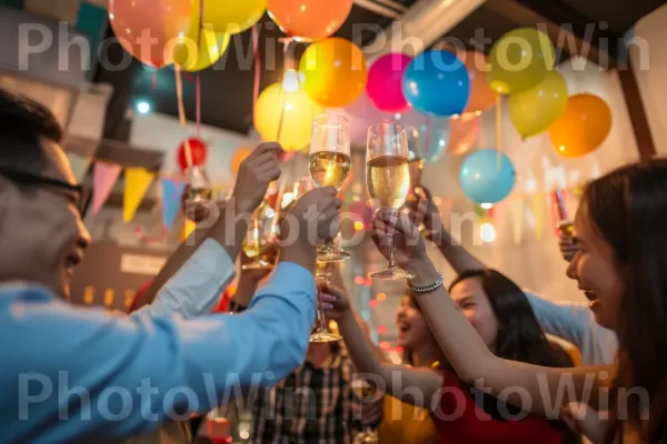 עמיתים מרימים כוסית במהלך חגיגת יובל לחברה. אופנה, פְּנַאִי, אספקת מסיבות