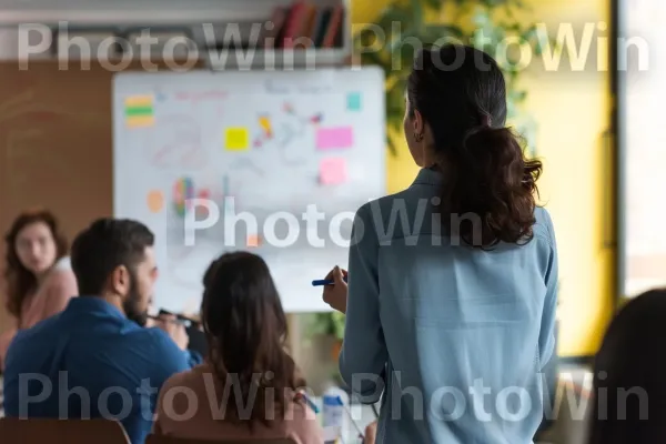 יזמית מציגה בביטחון את הרעיון העסקי החדשני שלה. פתק פוסט-איט, שיתוף, עבודה