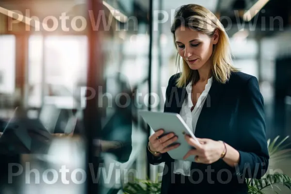 אשת עסקים משתמשת בטאבלט כדי לנהל את המשימות שלה ביעילות. חיוך, בְּלֵיזֶר, אירוע