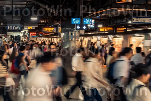 נוסעים ממהרים דרך תחנת רכבת עמוסה בשעות העומס. חַשְׁמַל, התיישבות אנושית, אירוע