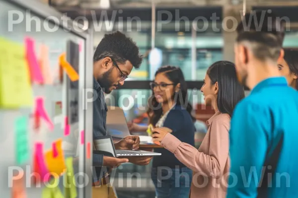 צוות של עמיתים לעבודה משתפים פעולה ועובדים יחד על פרויקט. משקפיים, צרכן, מחשב נייד