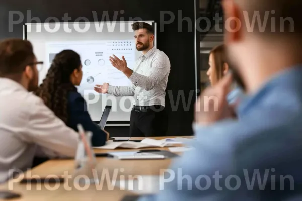 יזם שמציג בביטחון את רעיון הסטארט-אפ שלו למשקיעים. שולחן, כִּסֵא, הַנדָסָה