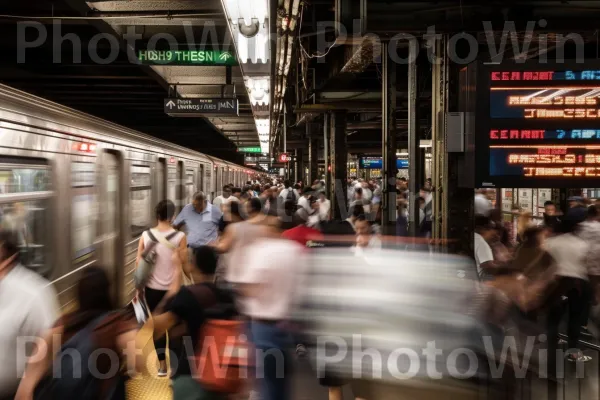 נוסעים עסוקים ממהרים לתפוס את הרכבת הבאה בתחנה הומה. רכבת, אופן תחבורה, עִיר