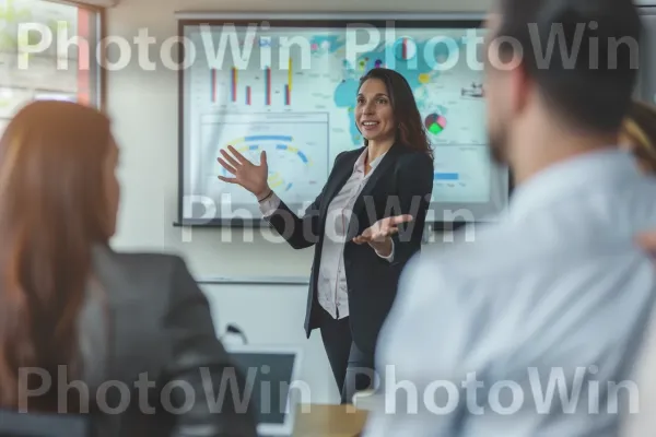 אשת עסקים בטוחה שמציגה את רעיונותיה לעמיתים. מחווה, חליפה, נוֹעַר