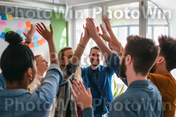 צוות סטארטאפים חוגג עם היי פייב וחיוכים לאחר השקה מוצלחת. יד, חיוך, אֶצבַּע