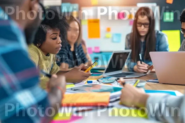 צוות יצירתי הדן באסטרטגיית שיווק חדשה בסביבה שיתופית. מַחשֵׁב, יד, שולחן